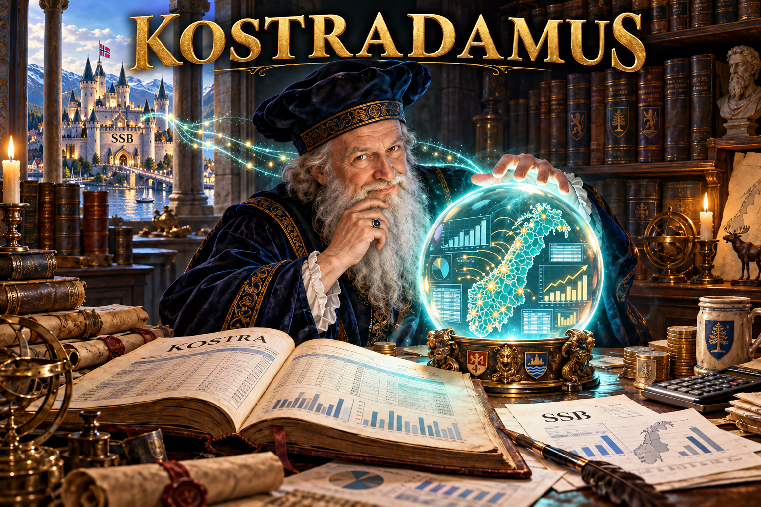 Kostradamus med en krystallkule som viser kart over Norge og statistikk.